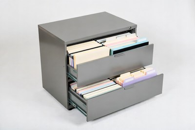 Open gray filing cabinet with folders