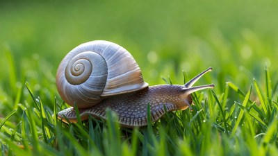Snail crawling on green grass