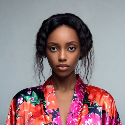 African-American woman in floral silk robe