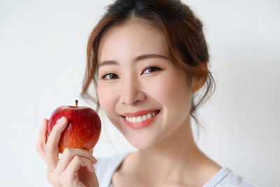 Asian woman holding red apple