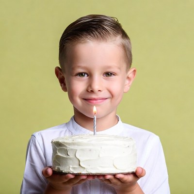 Boy holding birthday cake with candle