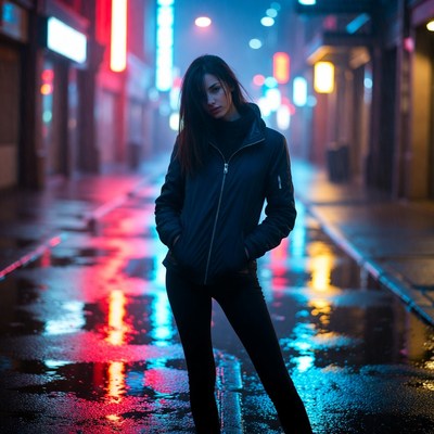 Asian woman in neon-lit rainy street