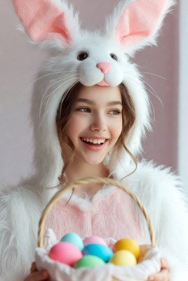 Girl in bunny costume holding Easter eggs