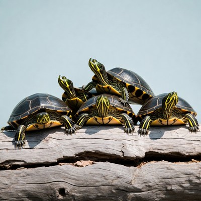 Five baby red-eared slider turtles on log