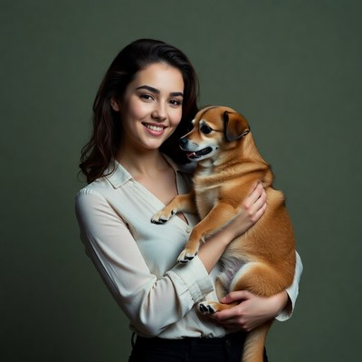 Woman holding small brown dog