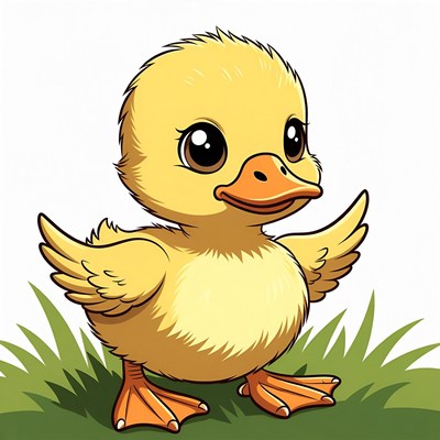 Cute yellow duckling on grass