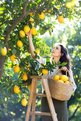 Woman picking lemons from tree