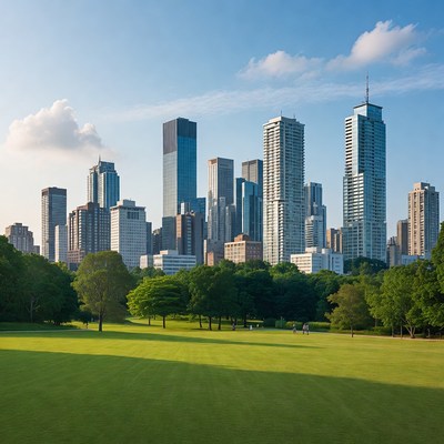 City skyline over green park