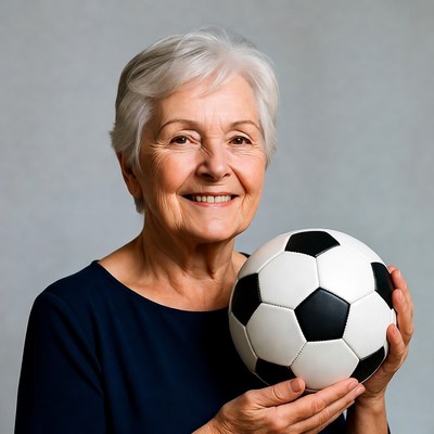 Elderly woman holding soccer ball