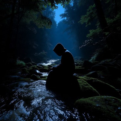 Hooded man sitting by forest stream
