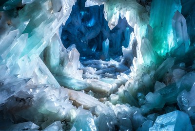 Glowing Blue Crystal Cave Interior