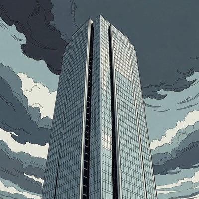 Tall Skyscraper in Stormy Clouds