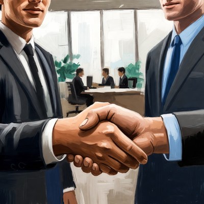 Businessmen shaking hands in office