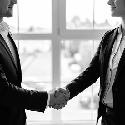 Businessman and businesswoman shaking hands