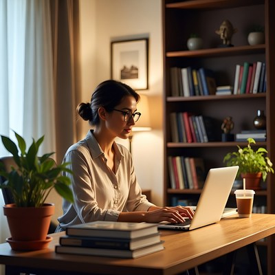 Asian woman working on laptop at desk