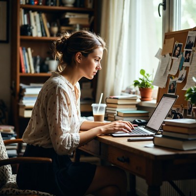 Woman working on laptop at desk