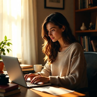Woman working on laptop at home