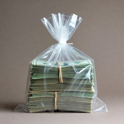 Stack of US Dollars in Clear Plastic Bag