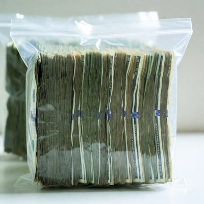 Stacks of Cash in Ziplock Bag