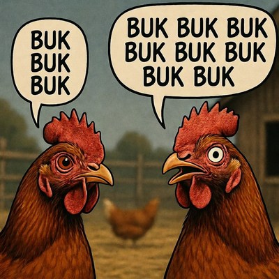 Two cartoon chickens clucking