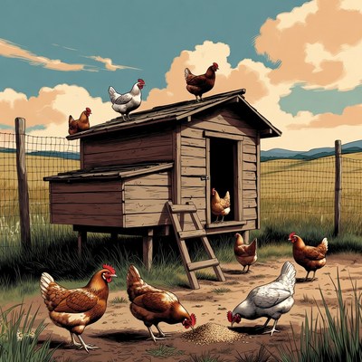 Chickens around wooden coop