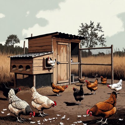Chickens around wooden coop