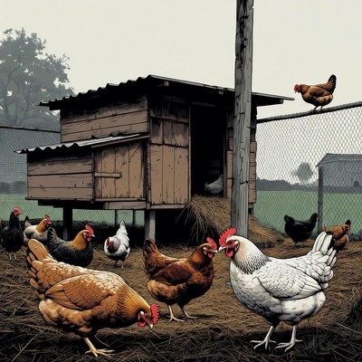 Chickens outside wooden coop