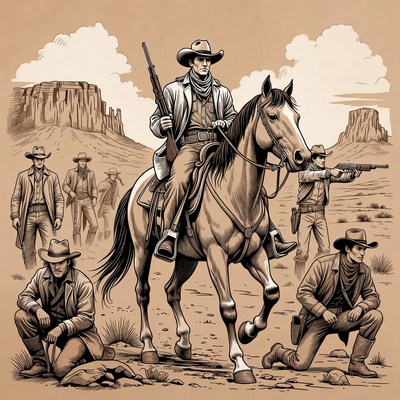 Cowboys on Horseback in Desert