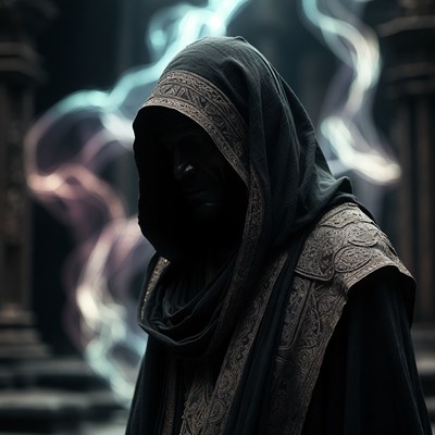 Mysterious hooded figure in dark temple