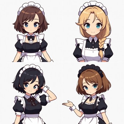 Four Anime Maid Girls Illustration