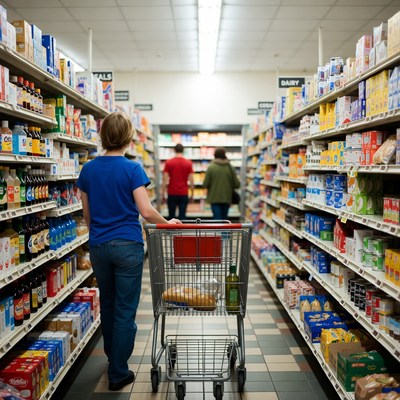 Woman pushing shopping cart in grocery aisle