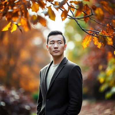 Asian man in suit under autumn leaves