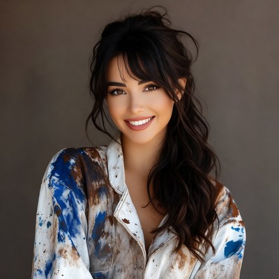 Smiling woman in paint-splattered shirt