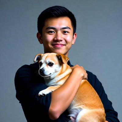 Asian man holding small dog
