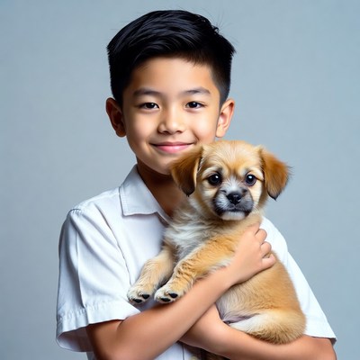 Asian boy holding cute puppy