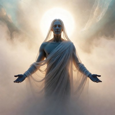 Ethereal Man in White Toga with Arms Raised