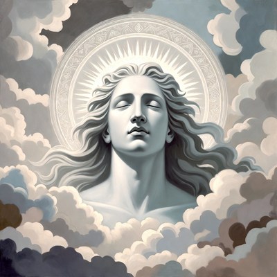 Serene Woman with Radiant Halo in Clouds