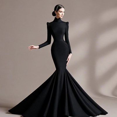 Asian woman in black mermaid gown