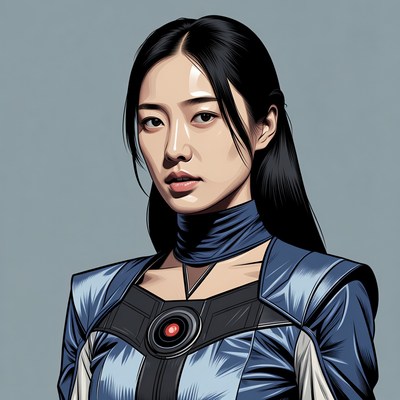 Asian woman in blue sci-fi armor
