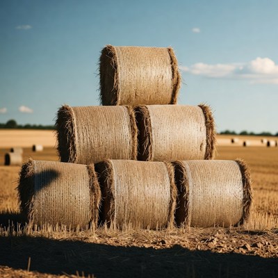 Stacked Hay Bales in Wheat Field