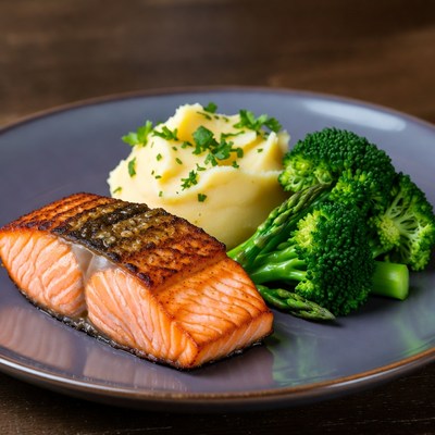 Grilled Salmon with Mashed Potatoes and Broccoli