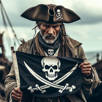 Pirate man holding Jolly Roger flag