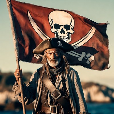 Pirate man holding jolly roger flag