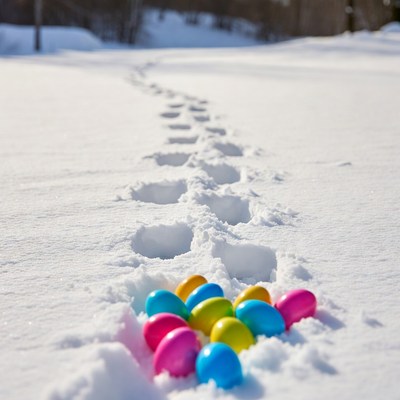 Colorful Easter Eggs on Snow Footprints