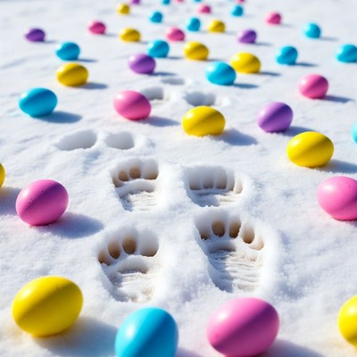 Colorful Easter Eggs Snow Footprints