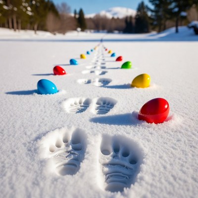 Colorful Easter eggs trail in snowy footprints
