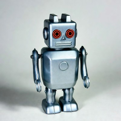 Silver robot with red eyes