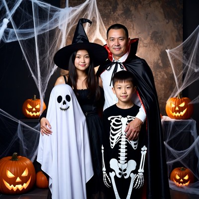 Asian family in Halloween costumes