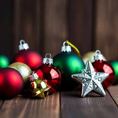 Colorful Christmas Ornaments on Wooden Background