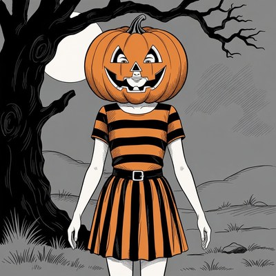 Girl with pumpkin head in striped dress